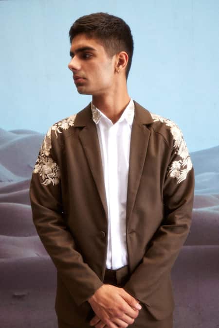 Dash And Dot Brown Polyester, Cotton Embroidery Gara Placement Jacket at Aza Fashions Dash And Dot_Brown Polyester, Cotton Embroidery Gara Placement Jacket _at_Aza_Fashions
