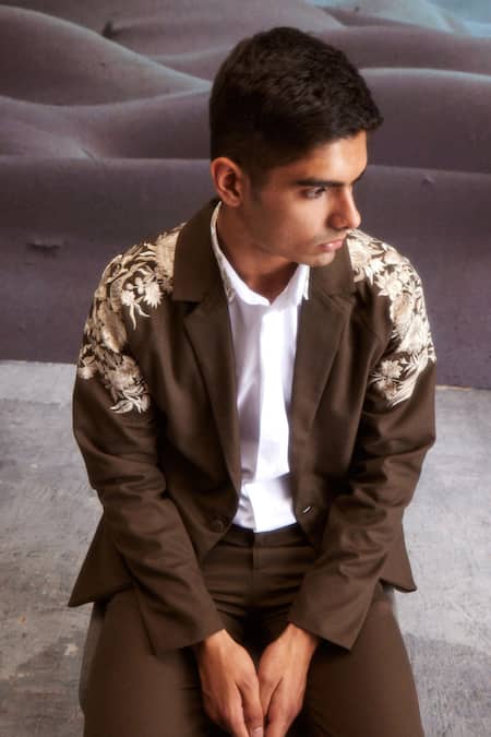 Shop Dash And Dot Brown Polyester, Cotton Embroidery Gara Placement Jacket Shop_Dash And Dot_Brown Polyester, Cotton Embroidery Gara Placement Jacket