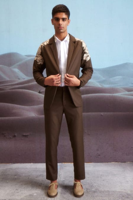 Dash And Dot_Brown Cotton, Polyester Embroidery Gara Suit Set _Online_at_Aza_Fashions