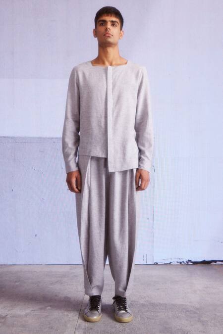 Dash And Dot_Grey Linen Asymmetric Shirt With Pant _Online_at_Aza_Fashions