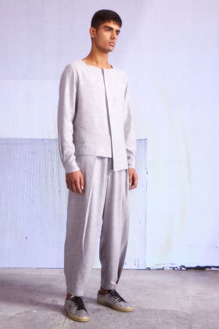 Shop_Dash And Dot_Grey Linen Asymmetric Shirt With Pant _Online_at_Aza_Fashions