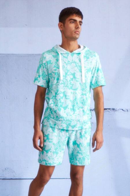 Dash And Dot_Green Cotton, Polyester Blossom Print Hoodie And Shorts Set_at_Aza_Fashions