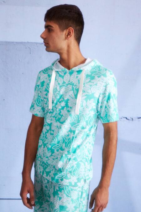 Shop_Dash And Dot_Green Cotton, Polyester Blossom Print Hoodie And Shorts Set