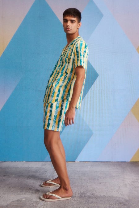 Dash And Dot_Yellow Polyester Floral Striped T-shirt And Swim Shorts Set _Online_at_Aza_Fashions