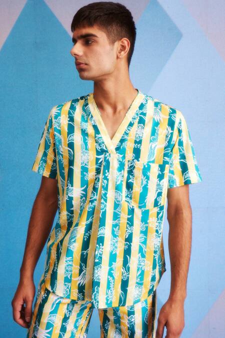 Shop_Dash And Dot_Yellow Polyester Floral Striped T-shirt And Swim Shorts Set _Online_at_Aza_Fashions