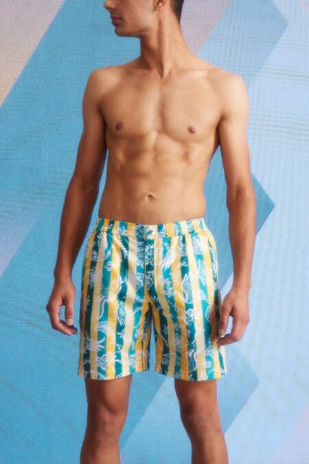 Shop Dash And Dot Yellow Polyester Floral Stripe Print Swim Shorts Online at Aza Fashions Shop_Dash And Dot_Yellow Polyester Floral Stripe Print Swim Shorts _Online_at_Aza_Fashions