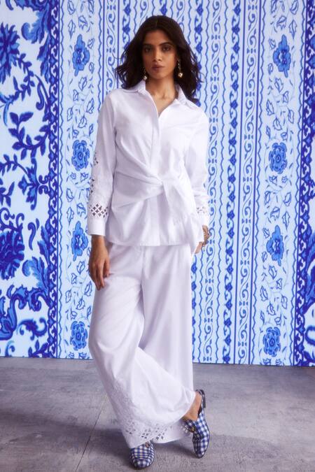 Dash And Dot White Cotton Cut Work Shawl Neck Cuff Shirt And Pant Set Online at Aza Fashions Dash And Dot_White Cotton Cut Work Shawl Neck Cuff Shirt And Pant Set _Online_at_Aza_Fashions