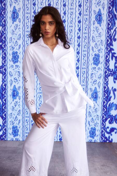 Shop Dash And Dot White Cotton Cut Work Shawl Neck Cuff Shirt And Pant Set Online at Aza Fashions Shop_Dash And Dot_White Cotton Cut Work Shawl Neck Cuff Shirt And Pant Set _Online_at_Aza_Fashions