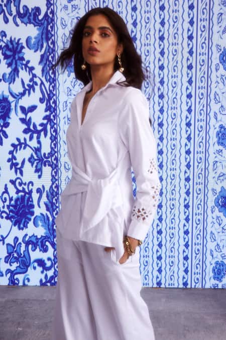 Dash And Dot White Cotton Cut Work Shawl Neck Cuff Shirt And Pant Set at Aza Fashions Dash And Dot_White Cotton Cut Work Shawl Neck Cuff Shirt And Pant Set _at_Aza_Fashions