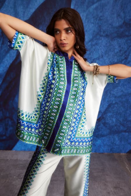 Shop_Dash And Dot_White Polyester Bandeau Neck Geometric Print Top And Pant Set _Online_at_Aza_Fashions