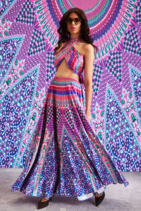 Shop_Dash And Dot_Multi Color Polyester Halter Neck Architectural Print Skirt And Top Set_Online_at_Aza_Fashions
