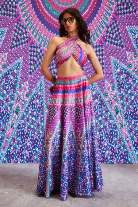 Shop_Dash And Dot_Multi Color Polyester Halter Neck Architectural Print Skirt And Top Set