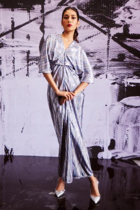 Dash And Dot_Silver Polyester V-neck Multi Foil Kaftan Dress_Online_at_Aza_Fashions
