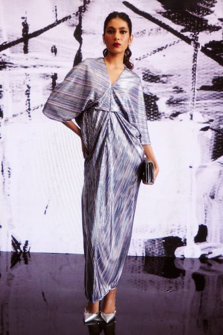 Dash And Dot_Silver Polyester V-neck Multi Foil Kaftan Dress_at_Aza_Fashions