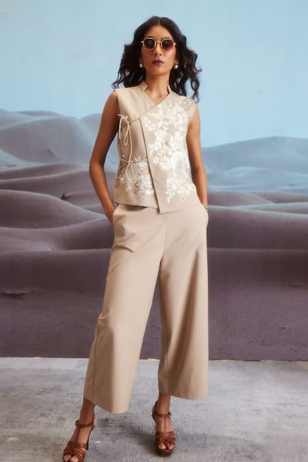 Buy Beige 63% Polyester 33% Viscose 4% Sleeveless Waistcoat Top And Pant  Set For Women by Dash and Dot Online at Aza Fashions.