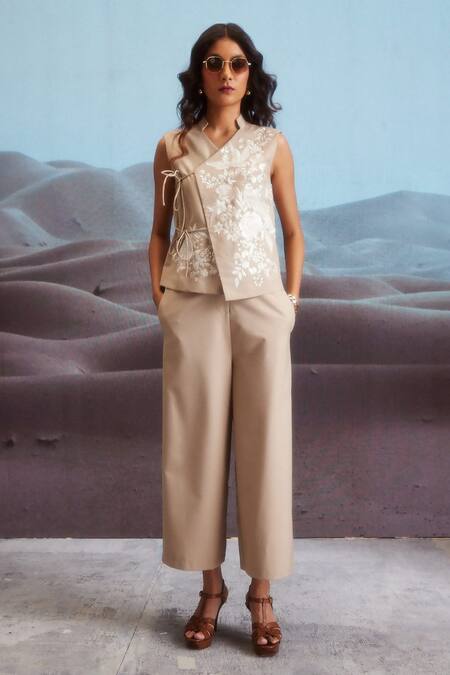 Dash And Dot_Beige Polyester, Viscose, Spandex Embroidery Floral Waistcoat And Pant Set_at_Aza_Fashions