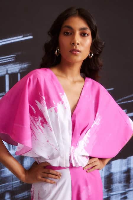 Shop_Dash And Dot_White 100% Polyester V Neck Hand Painted Top_Online_at_Aza_Fashions