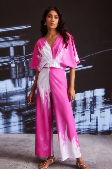 Dash And Dot_White 100% Polyester V Neck Hand Painted Top_at_Aza_Fashions