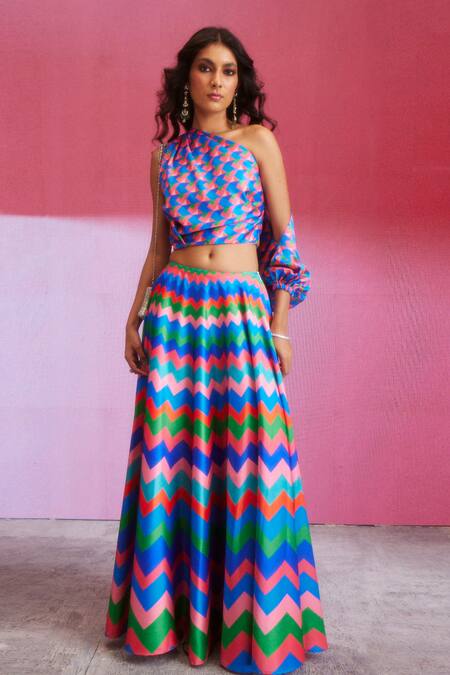 Shop_Dash And Dot_Multi Color Polyester Asymmetric Chevron Print Skirt And Top Set _Online_at_Aza_Fashions