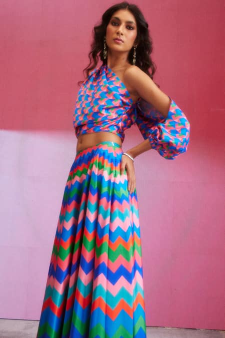 Dash And Dot_Multi Color Polyester Asymmetric Chevron Print Skirt And Top Set _at_Aza_Fashions