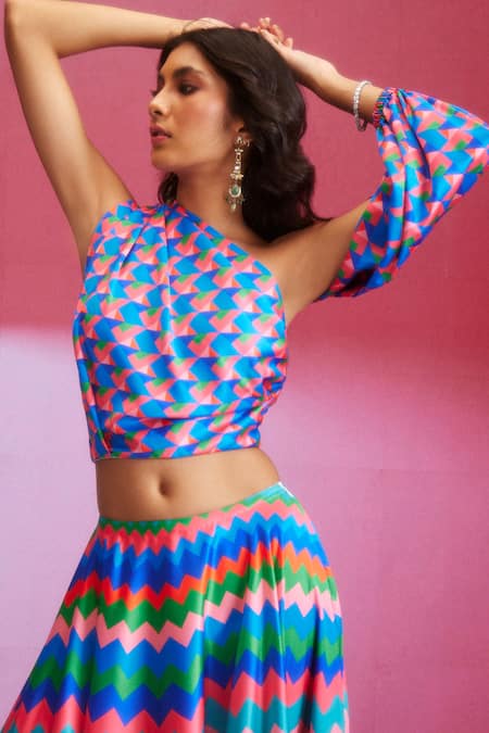 Shop_Dash And Dot_Multi Color Polyester Asymmetric Chevron Print Skirt And Top Set 