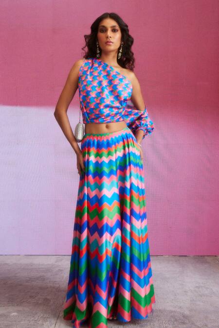 Dash And Dot_Multi Color Polyester Chevron Print Skirt_Online_at_Aza_Fashions