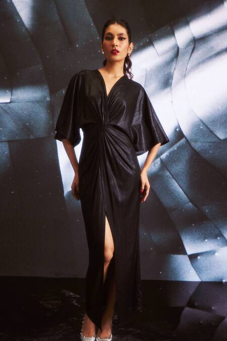 Dash And Dot Black Polyester V-neck Lame Draped Gown