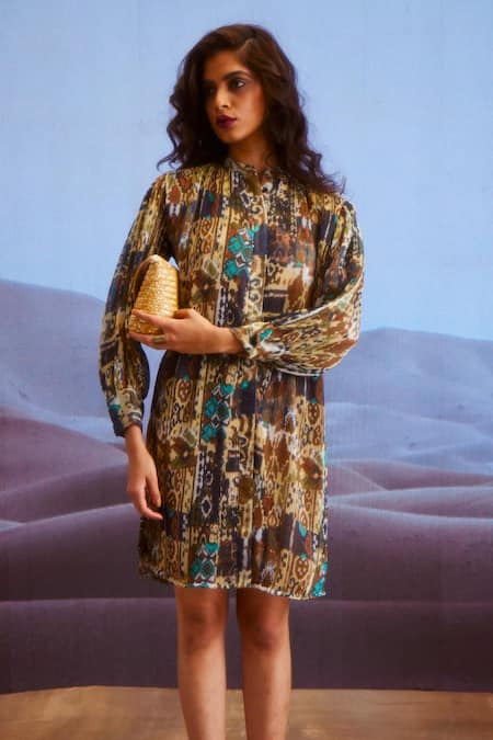 Dash And Dot Multi Color Polyester Bandeau Neck Tribal Print Pleated Dress 5