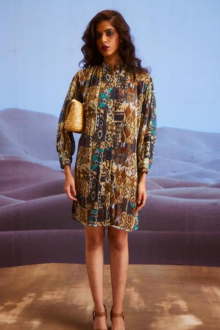 Dash And Dot Multi Color Polyester Bandeau Neck Tribal Print Pleated Dress 6