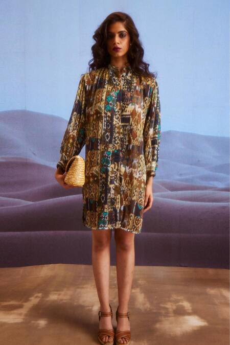 Dash And Dot Multi Color Polyester Bandeau Neck Tribal Print Pleated Dress 7