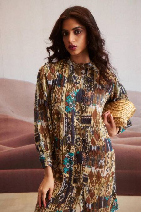 Dash And Dot Multi Color Polyester Bandeau Neck Tribal Print Pleated Dress 8