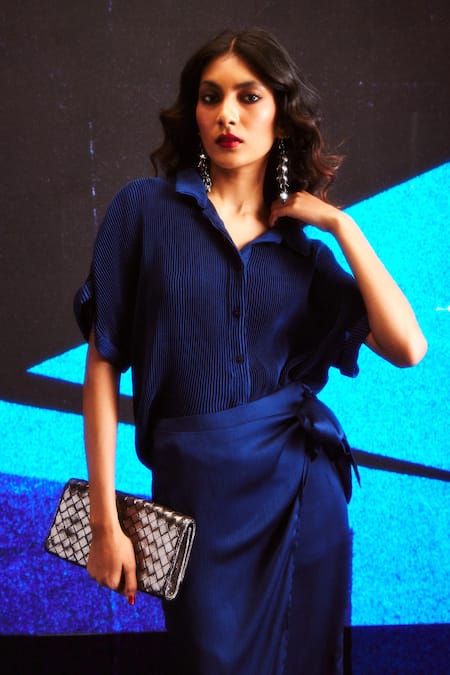 Shop Dash And Dot Blue Polyester Collared Pleated Boxy Shirt And Wrap Skirt Set Online at Aza Fashions Shop_Dash And Dot_Blue Polyester Collared Pleated Boxy Shirt And Wrap Skirt Set _Online_at_Aza_Fashions