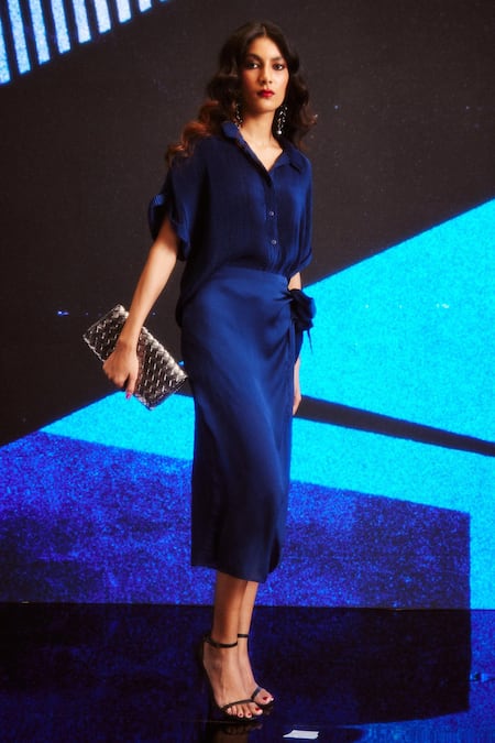 Dash And Dot Blue Polyester Collared Pleated Boxy Shirt And Wrap Skirt Set at Aza Fashions Dash And Dot_Blue Polyester Collared Pleated Boxy Shirt And Wrap Skirt Set _at_Aza_Fashions