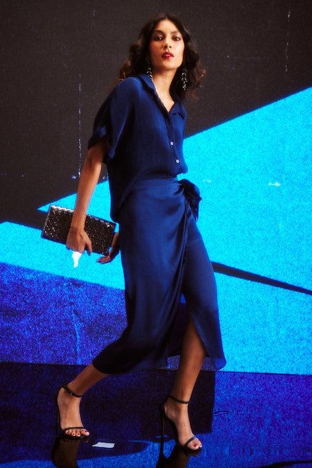 Buy Dash And Dot Blue Polyester Collared Pleated Boxy Shirt And Wrap Skirt Set Buy_Dash And Dot_Blue Polyester Collared Pleated Boxy Shirt And Wrap Skirt Set