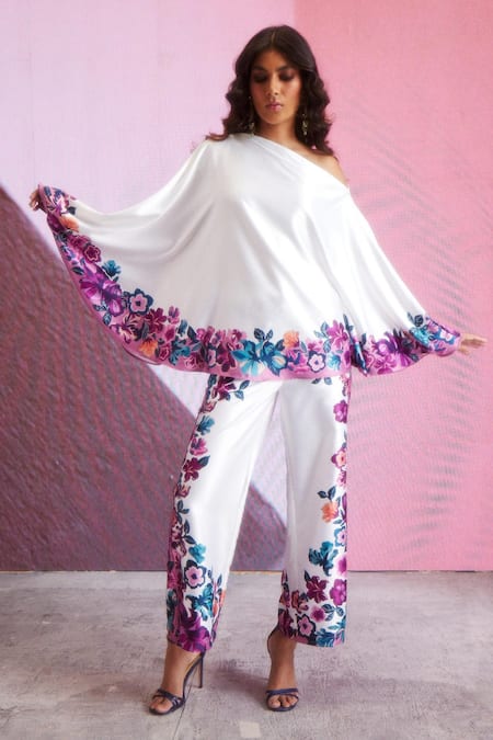 Dash And Dot_White Polyester Embroidery Asymmetric Border Printed Top And Pant Set _Online_at_Aza_Fashions