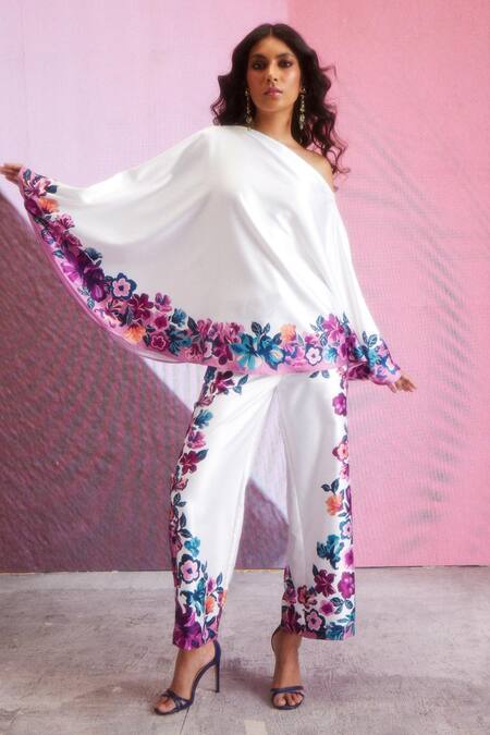 Shop_Dash And Dot_White Polyester Embroidery Asymmetric Border Printed Top And Pant Set _Online_at_Aza_Fashions