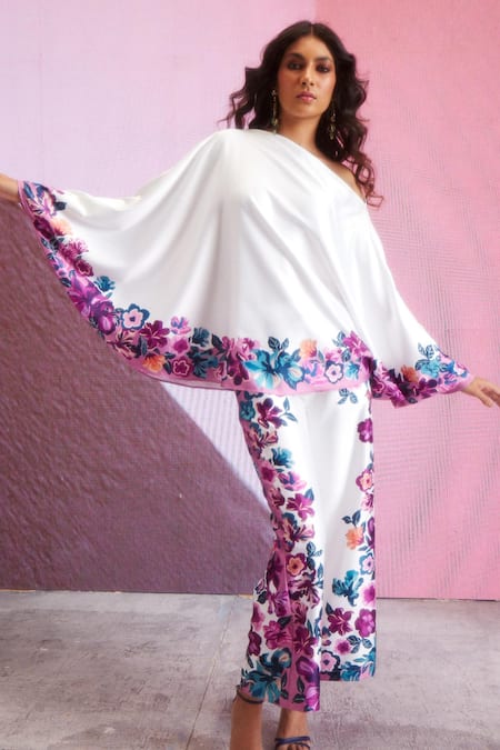 Dash And Dot_White Polyester Embroidery Asymmetric Border Printed Top And Pant Set _at_Aza_Fashions