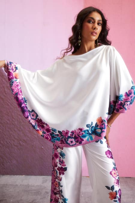 Shop_Dash And Dot_White Polyester Embroidery Asymmetric Border Printed Top And Pant Set 