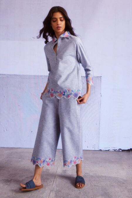 Dash And Dot_Blue Cotton, Viscose Embroidery Collared Scallop Border Top And Culottes Set_Online_at_Aza_Fashions