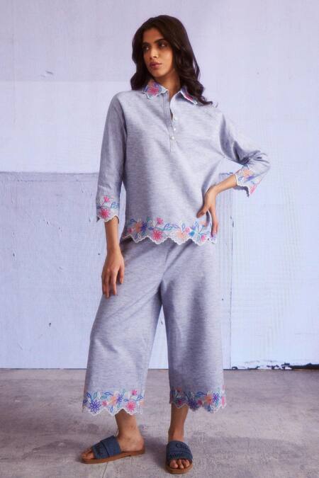 Shop_Dash And Dot_Blue Cotton, Viscose Embroidery Collared Scallop Border Top And Culottes Set_Online_at_Aza_Fashions