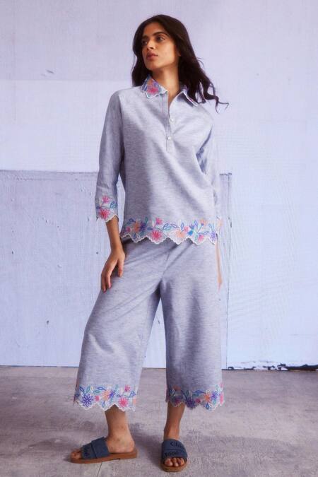 Dash And Dot_Blue Cotton, Viscose Embroidery Collared Scallop Border Top And Culottes Set_at_Aza_Fashions