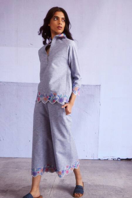 Buy_Dash And Dot_Blue Cotton, Viscose Embroidery Collared Scallop Border Top And Culottes Set