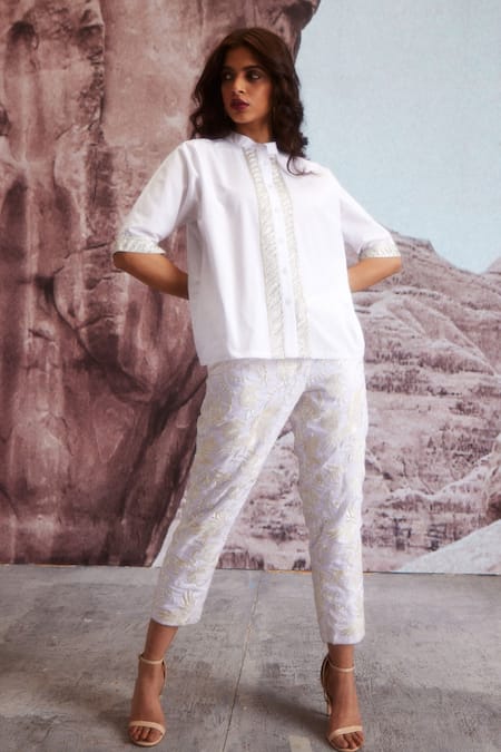 Dash And Dot_Ivory Polyester, Viscose, Spandex Embroidery Floral Tapered Pants_Online_at_Aza_Fashions