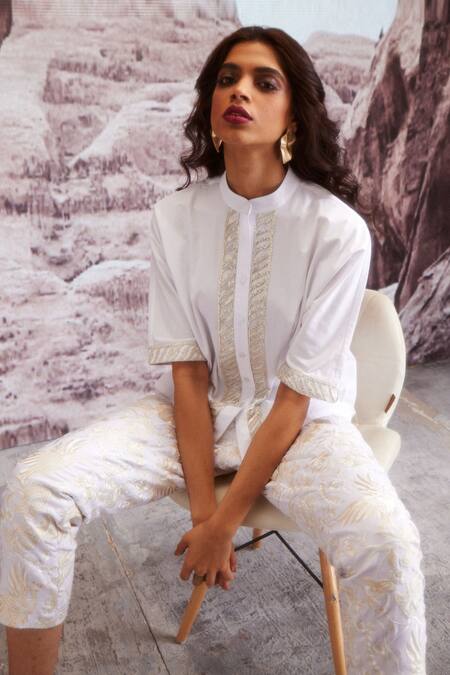 Shop_Dash And Dot_Ivory Polyester, Viscose, Spandex Embroidery Floral Tapered Pants