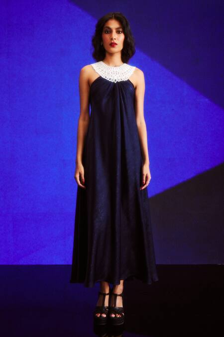 Dash And Dot_Blue Polyester Round Neck Cutwork Front And Back Gown_at_Aza_Fashions