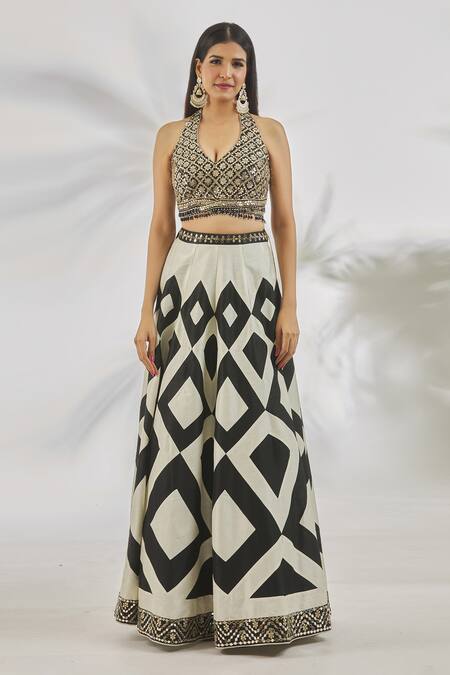 Vandana Sethi_Black Denim, Silk Mirrors, Crystals Mirrorwork Embellished Blouse Lehenga Set _at_Aza_Fashions