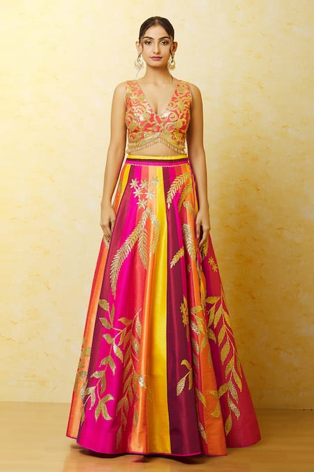 Shop Vandana Sethi Multi Color Silk Embroidery, Gota Patti V-neck Lehenga Set Shop_Vandana Sethi_Multi Color Silk Embroidery, Gota Patti V-neck Lehenga Set
