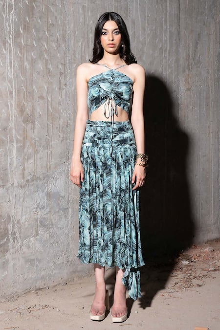 Buy_Therealb_Multi Color Viscose Halter Neck Coastal Breeze Pattern Spaghetti Top With Skirt _Online_at_Aza_Fashions