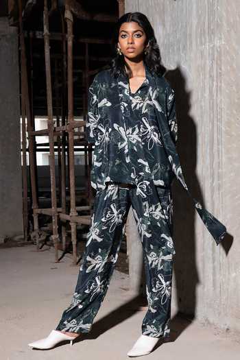 Buy_Therealb_Multi Color Viscose Bandeau Neck Island Paradise Bow Collar Shirt And Pant Set _Online_at_Aza_Fashions
