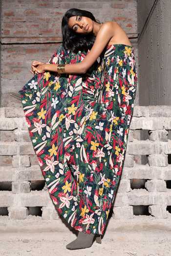 Shop_Therealb_Multi Color Viscose Square Neck Boho Beauty Floral Print Pleated Dress _Online_at_Aza_Fashions